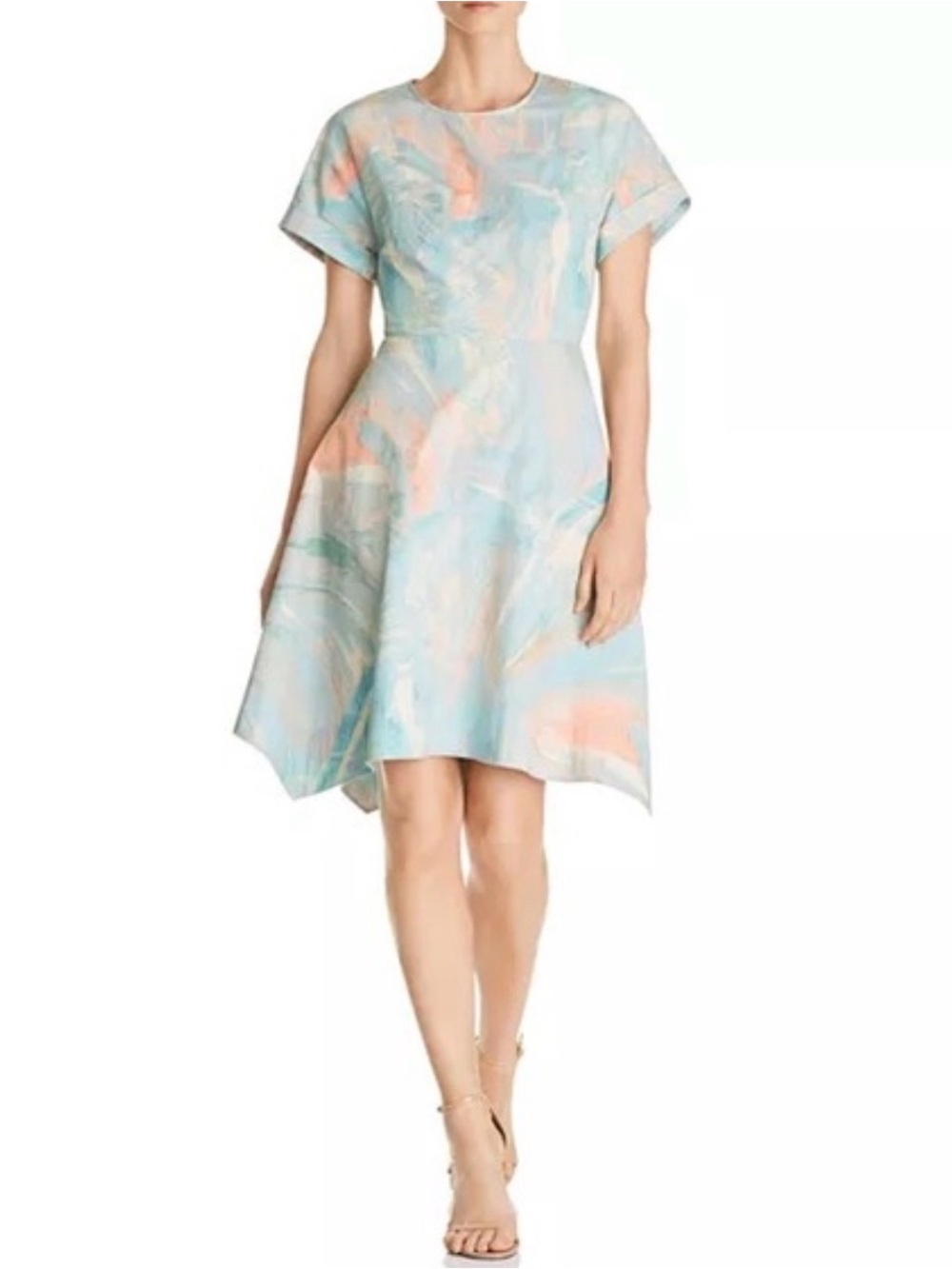 Donna Karan Handkerchief Hem Brushstroke Impressionism Dress - Blue & Peach